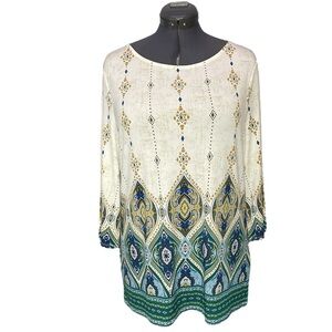 Chico’s Lantern Print Tunic Top Shirt 2 L 12 14 3/4 Sleeve Scoopneck Stretch